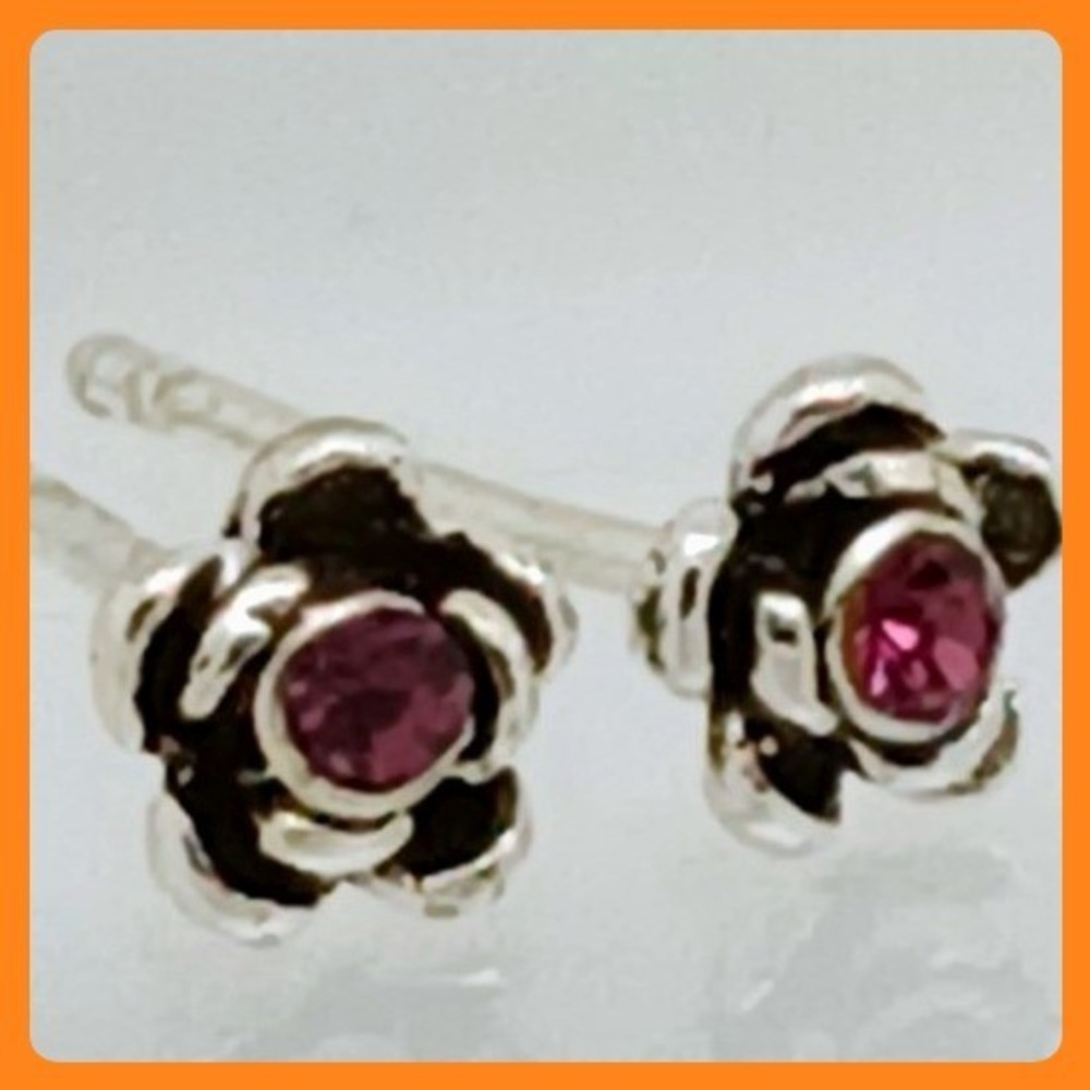 Sterling Silver 925 Pink Crystal Rose Flower Stud Earrings Floral Petite Jewelry